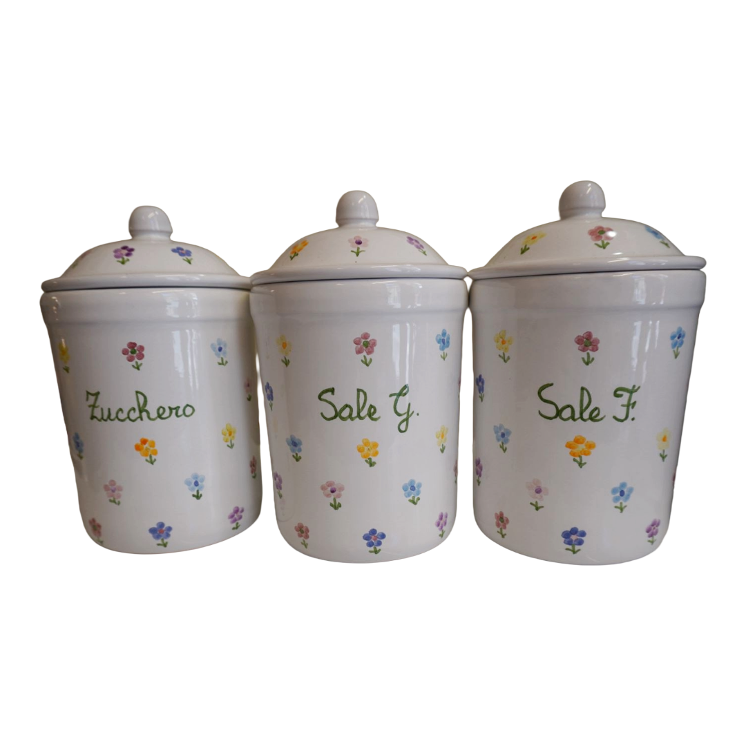 Barattoli di ceramica sale e zucchero dipinti a mano con fiori.